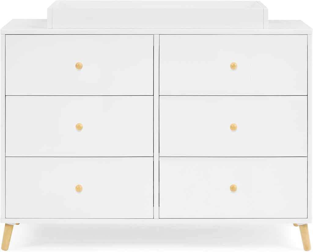Delta Children Essex Crib 6-Piece Baby Nursery Furniture Set–Includes: Convertible Crib, 6 Drawer Dresser, Changing Top, Crib Mattress, Sheets, & Changing Pad, Bianca White w/Natural