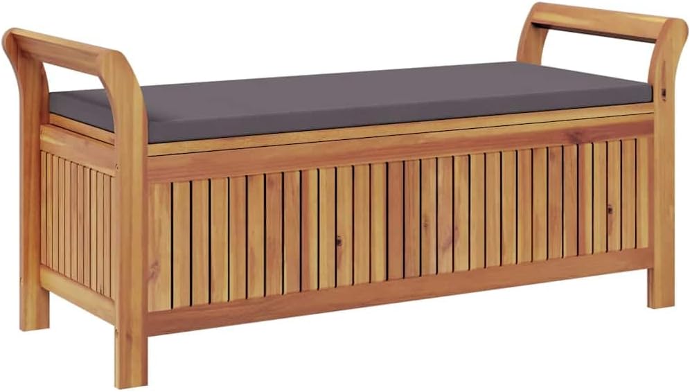 Solid Acacia Wood Patio Storage Bench with Cushion 49.6" Outdoor Garden Seat with Curved Arms and Ample Storage Space for Pillows and Blankets