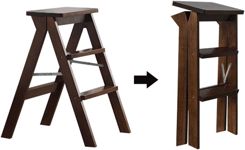 Household Solid Wood Folding Ladder Folding Chair Thickened Climbing Wooden Step Stool (Walnut Color)
