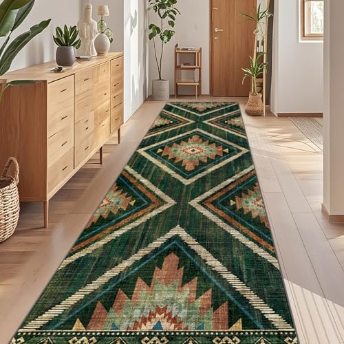 3x12Ft Boho Runner Rugs for Hallway Non Slip, Long Wide Green Geometric Washable Kitchen Rug Runner, Soft Moroccan Entryway Floor Carpets for Entrance Doorway Office Decor