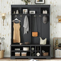 KEIKI Entryway Hall Tree with Bench and Shoe Storage, Coat Rack with 6 Hooks and Shoe Cubbies, Hall Tree Organizer Coat Rack with Shoe Storage for Entryway Hallway, Black