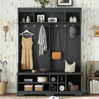KEIKI Entryway Hall Tree with Bench and Shoe Storage, Coat Rack with 6 Hooks and Shoe Cubbies, Hall Tree Organizer Coat Rack with Shoe Storage for Entryway Hallway, Black