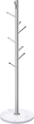Homde Metal Coat Rack Stand: Natural Marble Base with 8 Hooks (Silver) | Stainless Steel Freestanding Clothes Tree Hanger for Coat Jackets Hat Scarves Handbags - Hall Hanger for Entryway Bedroom