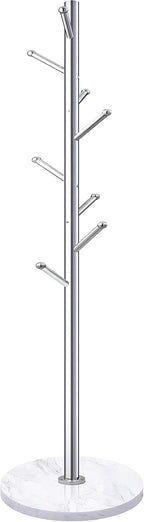 Homde Metal Coat Rack Stand: Natural Marble Base with 8 Hooks (Silver) | Stainless Steel Freestanding Clothes Tree Hanger for Coat Jackets Hat Scarves Handbags - Hall Hanger for Entryway Bedroom
