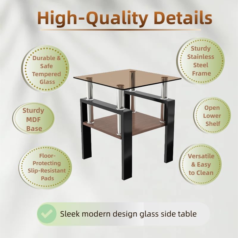 Glass Side Table Set of 2, Small 2-Tier End Table with Tempered Glass Top and Metal Legs, Clear Small Corner Table for Living Room, Bedroom, Apartment (Brown+Black)