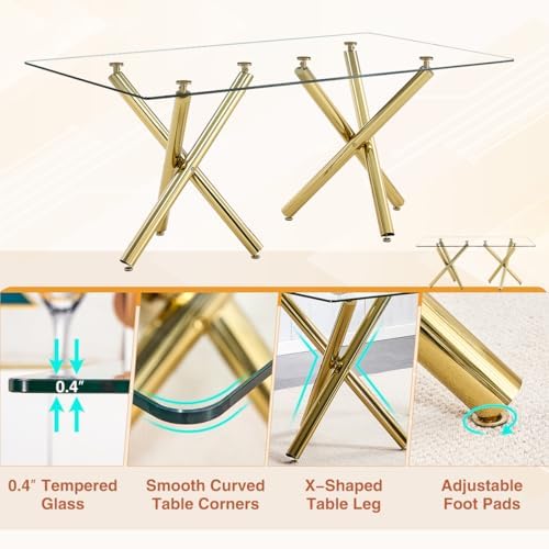 AZmac Modern Dining Table Set for 8 with Gold Metal Frame, 9-Piece Glass Dining Table with PU High Back Chairs for Kitchen Dining Room, Glass Table and 8 White Chairs