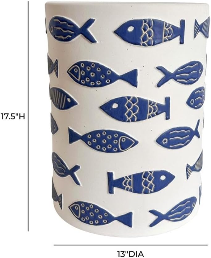 Pemberly Row Handmade Ceramic Accent Table, 13" W x 13" D x 17.5" H, Blue Fish Design, White Finish, Artisanal Global Style, Durable Side Table for Living Room, Patio, or Bedroom Decor