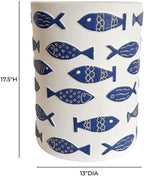 Pemberly Row Handmade Ceramic Accent Table, 13" W x 13" D x 17.5" H, Blue Fish Design, White Finish, Artisanal Global Style, Durable Side Table for Living Room, Patio, or Bedroom Decor