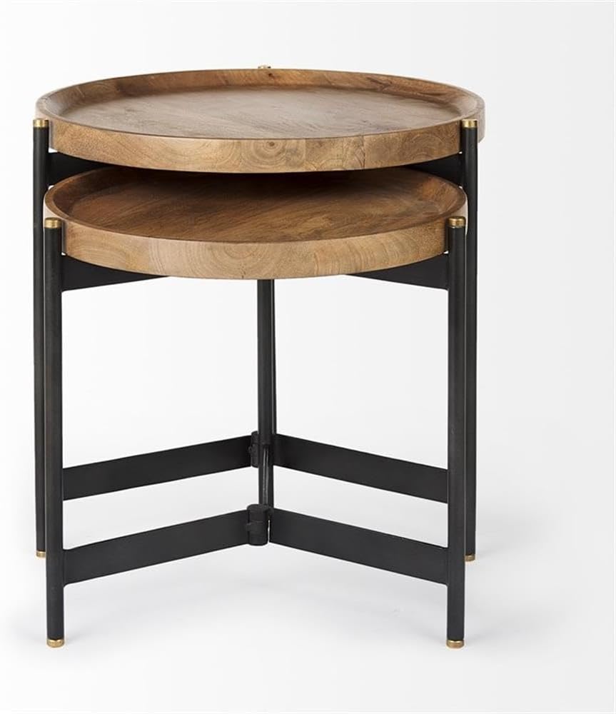 Pemberly Row Nesting Side Tables, 22.5Lx22.5Wx20.8H, Mango Wood Tray Tops, Foldable Black Metal Frames with Gold Accents, Compact Storage, Versatile Accent Tables for Living Room or Bedroom Use