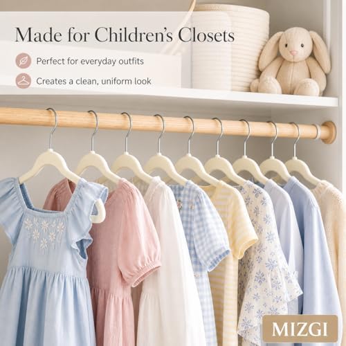 MIZGI Kids Velvet Hangers,Non-Slip Big Kids Hangers,14 Inch Hangers for Youth,Teen Clothes,Pack of 50（Ivory/Silver）