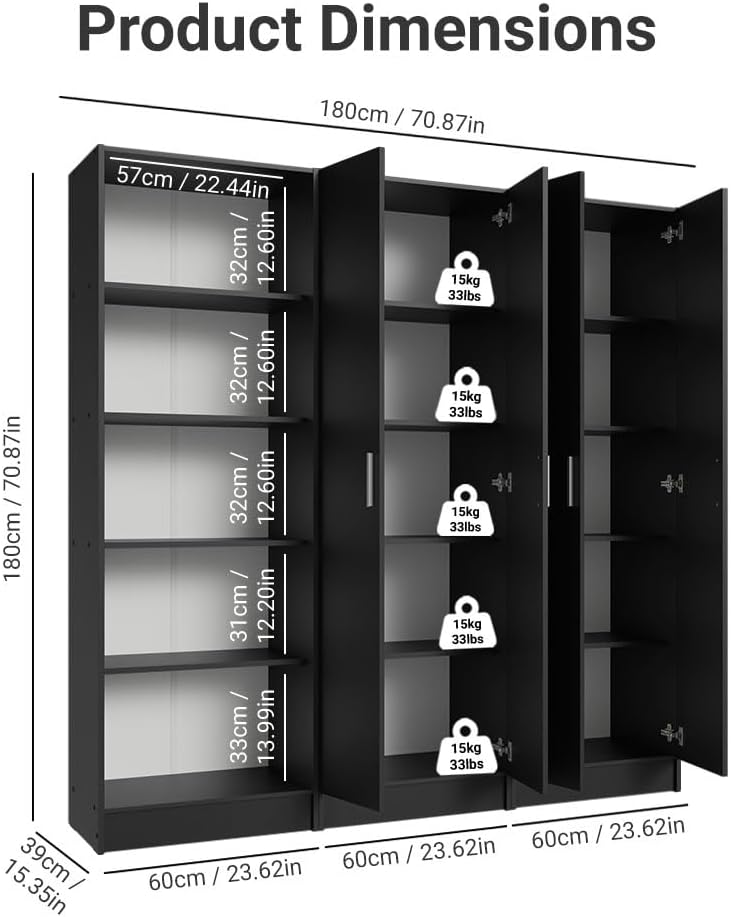 Madesa Kitchen Set 3 Pantry Storage Cabinet with 15 Utility Shelves 71" L Wooden Organization Unit for Kitchen (Black)