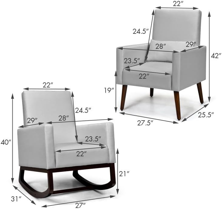 2-in-1 Fabric Upholstered Rocking Chair with Waist Pillow in Light Gray Color for Living Room or Nursery