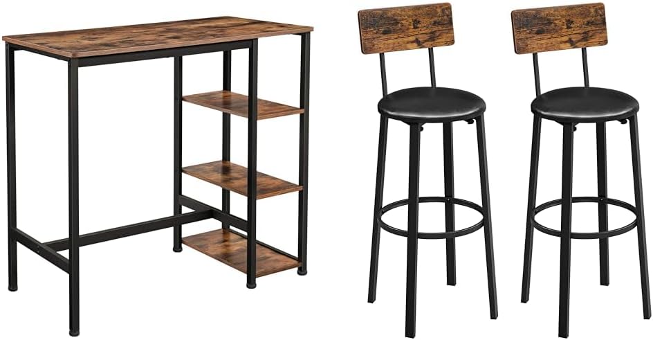 VASAGLE Bar Table with Sturdy Metal Frame, Easy Assembly, Industrial Design & Bar Stools, Set of 2 PU Upholstered Breakfast Stools