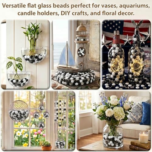1LB Mixed Glass Beads White, Clear & Black, 0.6"-0.8" Flat Glass Marbles for Vases - Decorative Stones Vase Filler, Fish Tank Rocks, Aquarium Decor, Modern Gems for Centerpieces & DIY Crafts