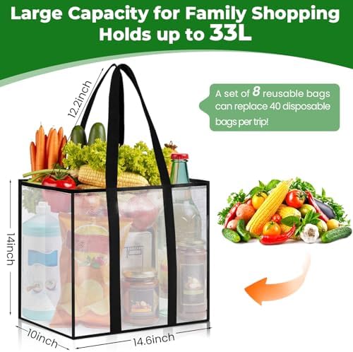 8 Pack Reusable Grocery Bags, Heavy-Duty Shopping Bags with Sturdy Handles, Water-Resistant & Foldable Organizer, Shopping Tote Bags for Groceries, Market, Car Trunk, Multi-Purpose, 33L