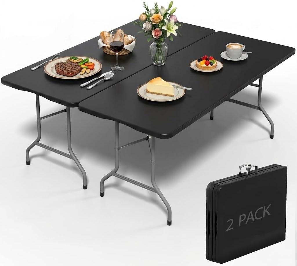 YITAHOME 2-Pack Heavy-Duty 6ft Folding Tables with Handle, Portable Black Plastic Fold-Up Tables for Camping, Picnics, Parties & Events