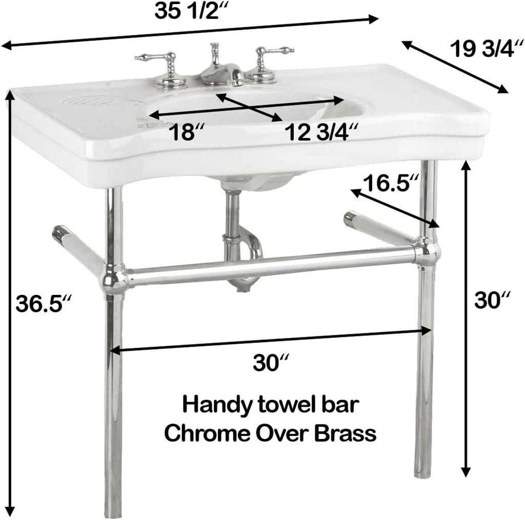 Renovators Supply Manufacturing Wall Mount Bathroom Sink – 35.5" Wide Belle Epoque White Porcelain Console Sink with 8" Widespread Faucet Holes, Pedestal Style, Brass Metal Legs in Chrome Finish