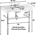 Renovators Supply Manufacturing Wall Mount Bathroom Sink – 35.5" Wide Belle Epoque White Porcelain Console Sink with 8" Widespread Faucet Holes, Pedestal Style, Brass Metal Legs in Chrome Finish