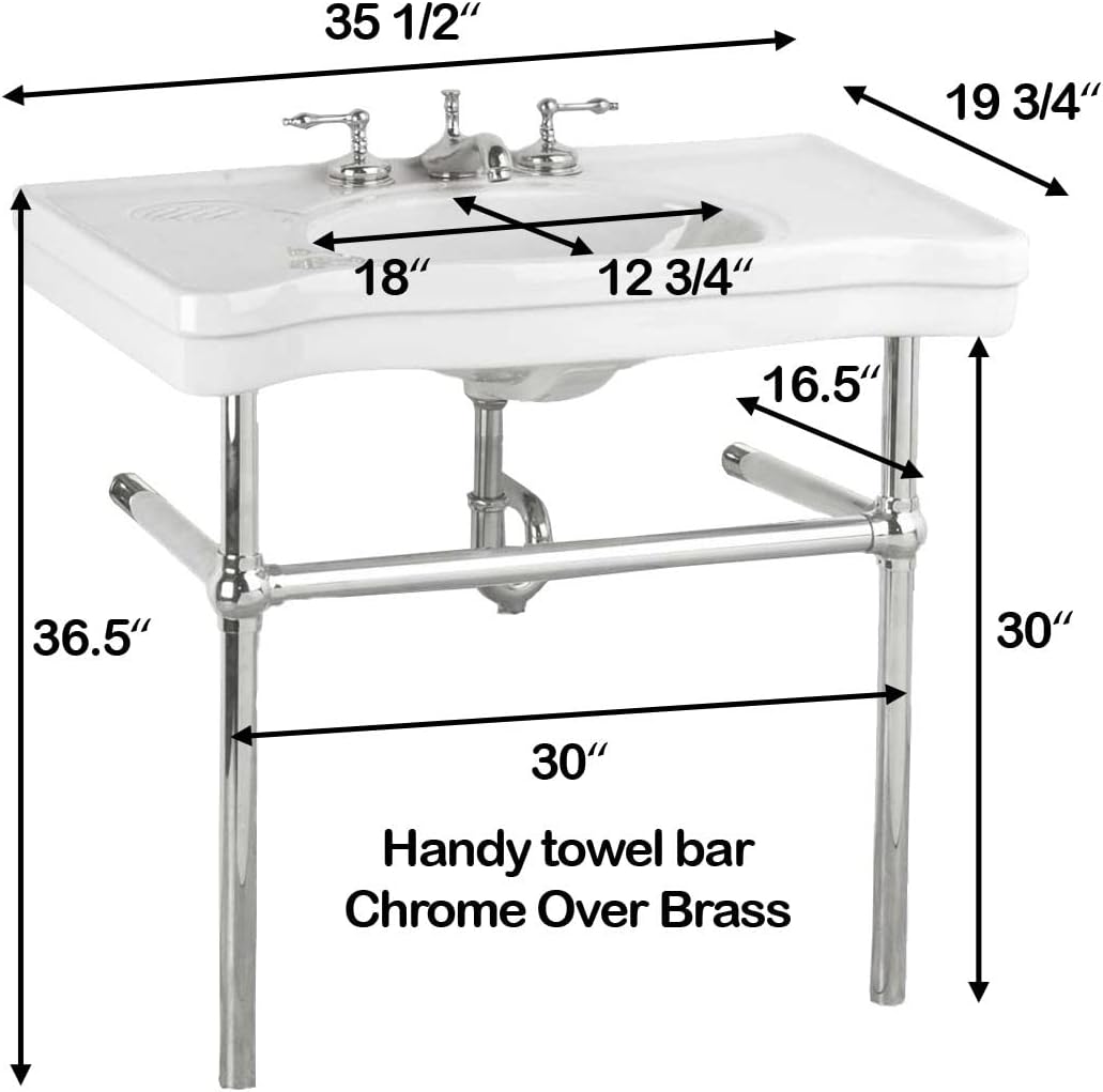 Renovators Supply Manufacturing Wall Mount Bathroom Sink – 35.5" Wide Belle Epoque White Porcelain Console Sink with 8" Widespread Faucet Holes, Pedestal Style, Brass Metal Legs in Chrome Finish