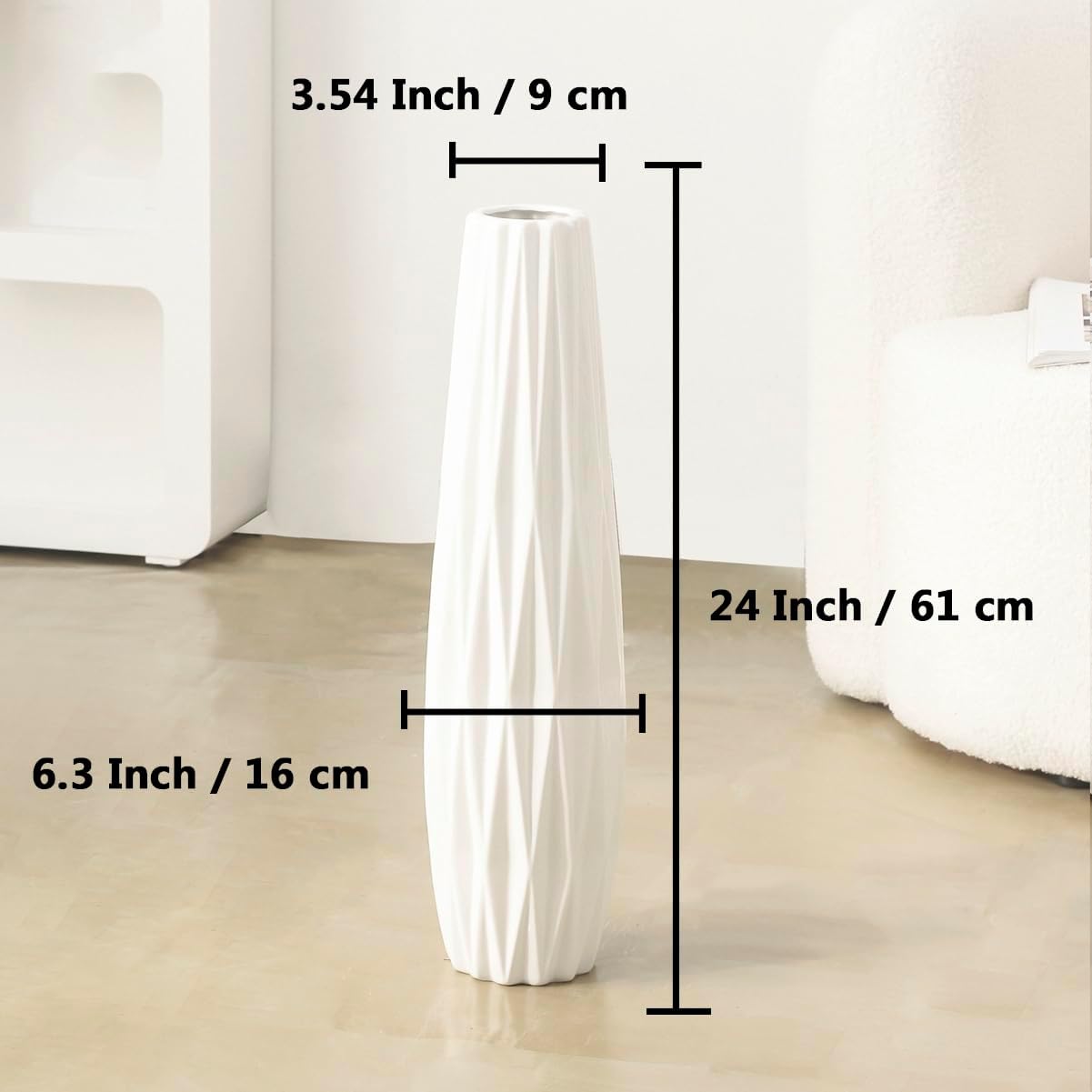 White Floor Vase, 24" Tall Vase Ceramic Decorative Large Vases for Living Room Decor Home Office Bedroom, Modern Big Standing Flower Vase with Glossy Glaze