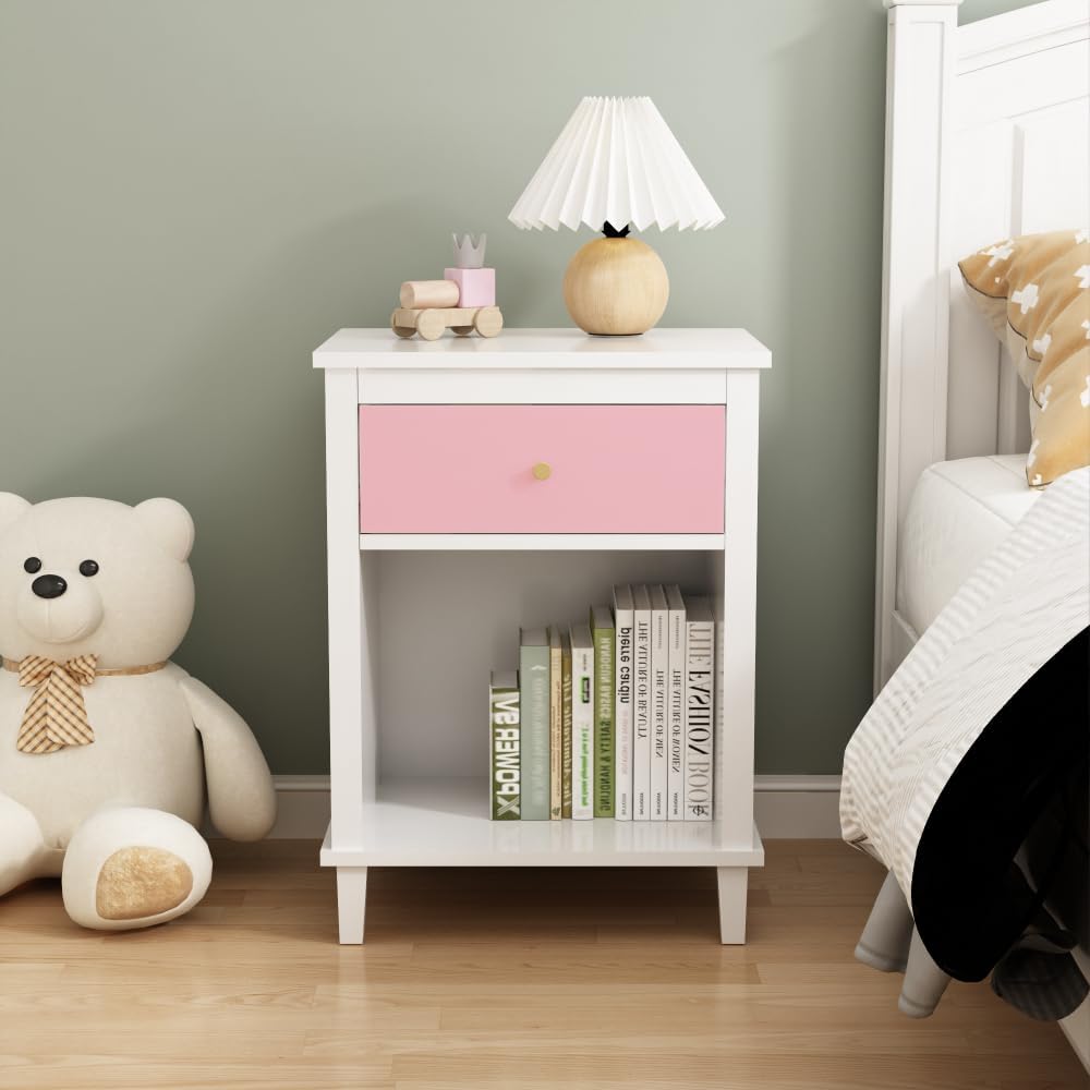 Kids Nightstand, Modern Toddler Nightstand with One Drawer & Open Shelf, Wood End Table for Boys and Girls, Multi-Color Options for Bedroom, Living Room, and Kids' Room Storage (Pink)