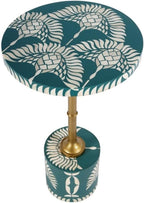Pemberly Row Set of 2 14" Round Bone Inlay Iron Side Tables in Teal/Gold