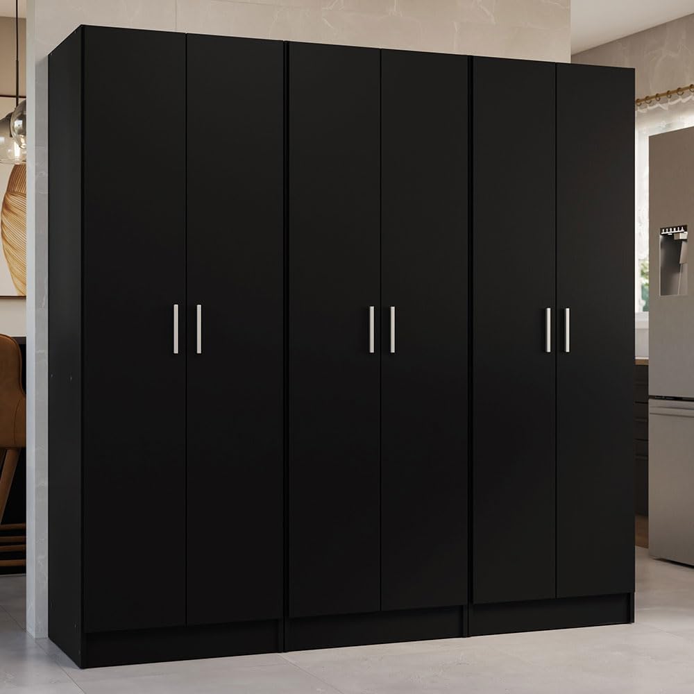 Madesa Kitchen Pantry Set Storage Cabinet 70" L 6 Doors 12 Utility Shelves 9 Adjustable Shelves Wooden Organization Unit Anti Tipping - Black