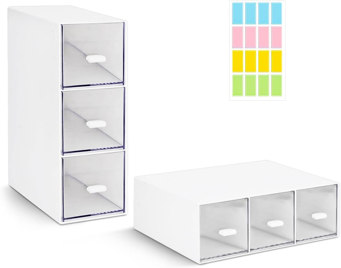 2 Pcs Plastic Tea Bag Organizer with 3 Drawers, Clear Lid Tea Bag Storage | White Tea Box with Label, Stackable Storage Drawers, Use for Sugar Sachets, Tea Bags, Coffee Storage