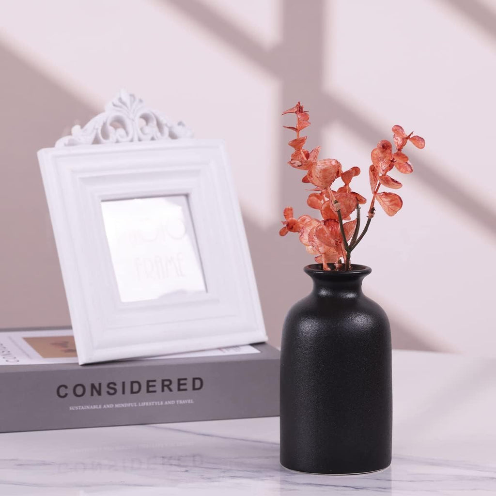 6 Pack Matte Black Ceramic Bud Vases – 5” Modern Boho Mini Vases for Flowers, Pampas Grass, or Dried Stems – Small Rustic Centerpieces for Home Decor, Wedding Table, and Party Displays