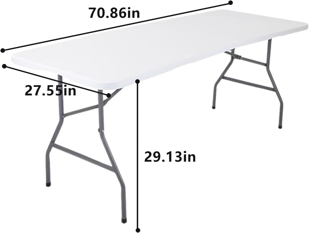 6 Feet Folding Table,Portable Plastic Foldable Table with Steel Legs&Carrying Handle for Party,Dining,Indoor/Outdoor Picnic, Camping,Weddings,Garden Dining(White-70" *28")
