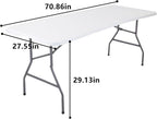 6 Feet Folding Table,Portable Plastic Foldable Table with Steel Legs&Carrying Handle for Party,Dining,Indoor/Outdoor Picnic, Camping,Weddings,Garden Dining(White-70" *28")