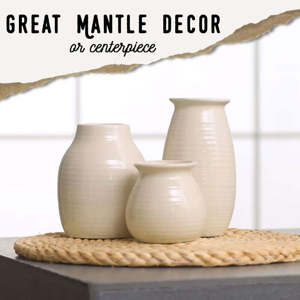 White Vases for Rustic Home Decor - Modern Farmhouse Ceramic Vase Set for Fireplace, Flowers, Living Room - Farmhouse Decorations for The Home, Set of 3