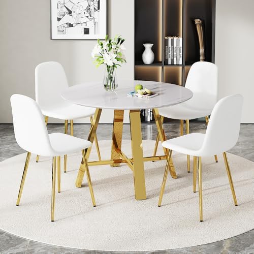 Round Dining Table Set for 4, Modern Kitchen Table and Chairs Set for 4 Marble Dining Set Reception Table Set Upholstered Chair for Dining Room (White-G501, 42 inch White Table Set)