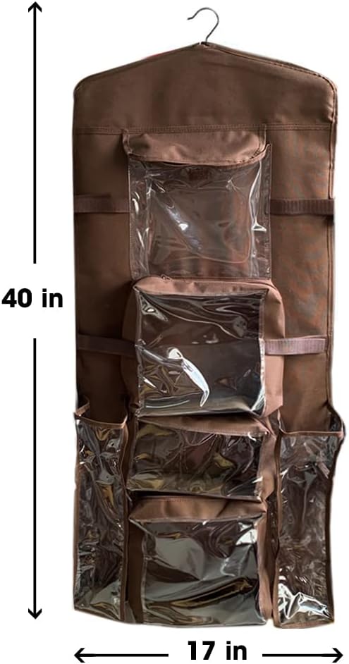Hanging Gift Wrapping Paper Storage Organizer Bag, Double Sided Multiple Front & Back Pockets Organize Your Gift Wrap, Gift Bags Bows Ribbons 40"X17" Fits Long 40 Inch Rolls Clear PVC Bag (Brown)
