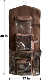 Hanging Gift Wrapping Paper Storage Organizer Bag, Double Sided Multiple Front & Back Pockets Organize Your Gift Wrap, Gift Bags Bows Ribbons 40"X17" Fits Long 40 Inch Rolls Clear PVC Bag (Brown)