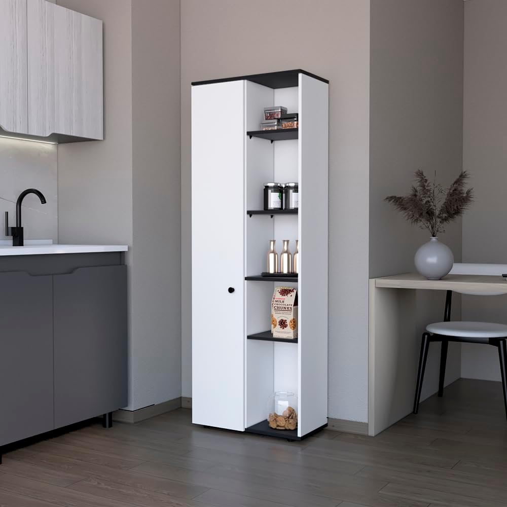 24.4" D*16.53" W*48.03" H Freestanding Kitchen Pantry with 8 Black Shelves, Single Door, Rectangular Storage Cabinet, Modern Minimalist, for Living Room, Dining Room, White