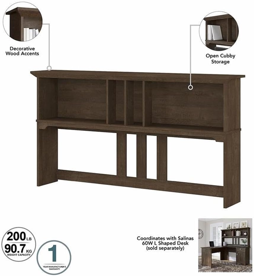 Bush Home Salinas 60W Hutch for L Shaped Desk in Ash Brown