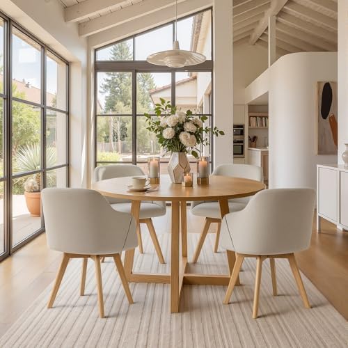 Swivel Dining Chairs Set of 4, Mid Century Modern Dining Chairs with Arms and Wood Legs, Linen Fabric Upholstered Kitchen Chairs for Dining Room Living Room, Comfortable Widen Seat, Sand
