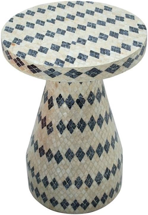 MAKLAINE Transitional Shell Side Table, Cream and Blue Checkered Design, Hand-Inlaid Natural Seashells, MDF Construction, Fully Assembled Accent Table for Living Room or Bedroom Decor