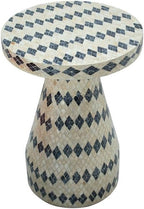 MAKLAINE Transitional Shell Side Table, Cream and Blue Checkered Design, Hand-Inlaid Natural Seashells, MDF Construction, Fully Assembled Accent Table for Living Room or Bedroom Decor