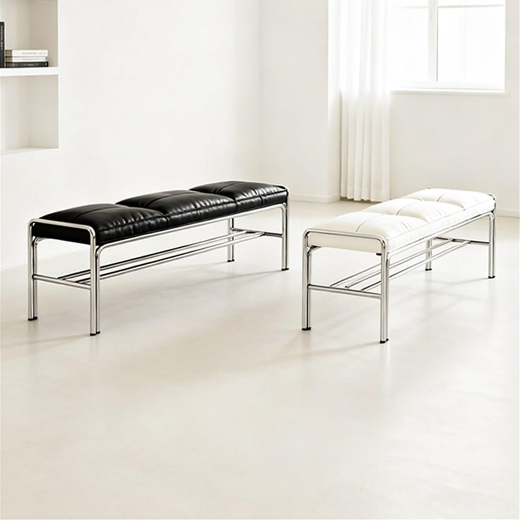 Modern Stainless Steel Long Bench with Leather Cushion Home-use Soft-Pack Shoe Changing Stool Black Entryway(Large)