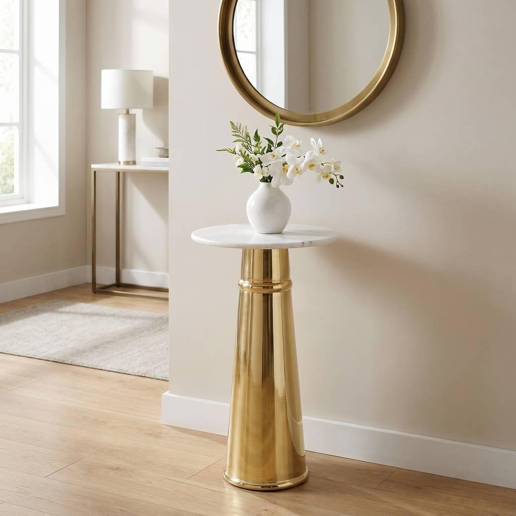 Gold Side Table with White Marble Top | Decorative Modern End Table | Pedestal Metal Base | Accent Table for Living Room | 14x14x24
