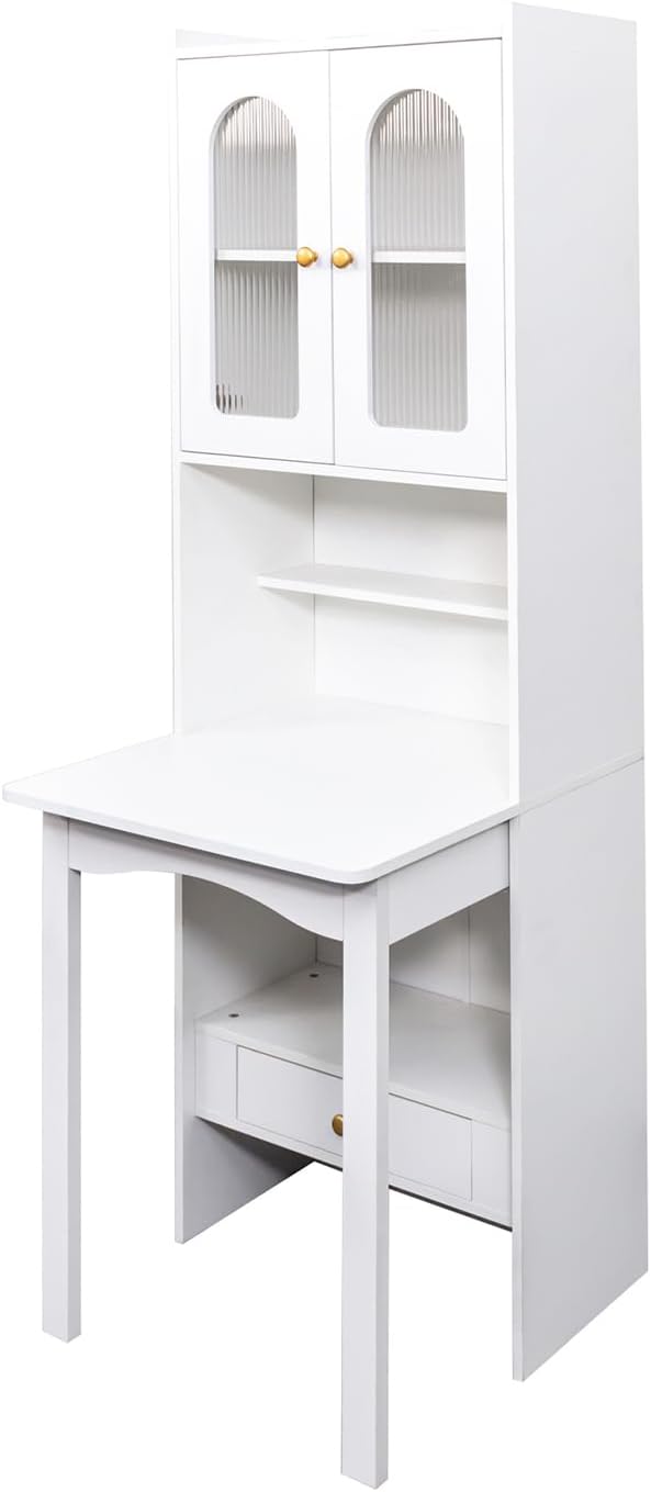 JOYSOURCE 71'' Bedside Table Tall Freestanding Bookshelf with Convertible Desk Hutch Cabinet with Reeded Glass Doors Drawer Nightstand End Table for Living Room White