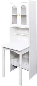 JOYSOURCE 71'' Bedside Table Tall Freestanding Bookshelf with Convertible Desk Hutch Cabinet with Reeded Glass Doors Drawer Nightstand End Table for Living Room White