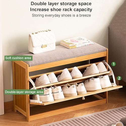 Elegant Bamboo Shoe Rack with Foldable Drawers & Cushion Slim 70cm Space-Saving nizer for Sneakers Heels & Slippers - Stylish Black Entryway Storage Solution