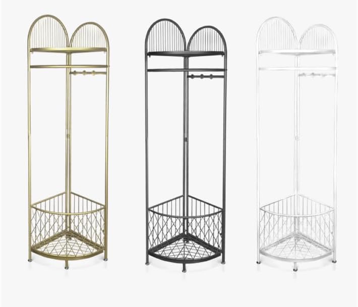 HKaikzo Corner Coat Rack, Gold Clothes Rack with 6 Metal Movable Hooks and Storage Basket Hall Tree Design Clothing Rack for Bedroom Entryway Hallway
