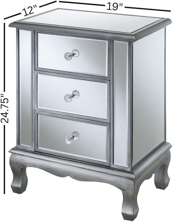 Furnifact Glam Mirrored End Table with 3 Drawers, Small Accent Nightstand for Bedroom or Living Room, Easy 2-Step Assembly, Silver