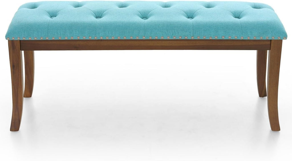 MFSTUDIO 44" Vintage Tufted Entryway Bench, Extra Large Memory Foam Upholstered Wood Ottoman Bench Dining Bench, Rectangle Tufted Fabric Bench for Living Room Hallway, Light Blue Cushion
