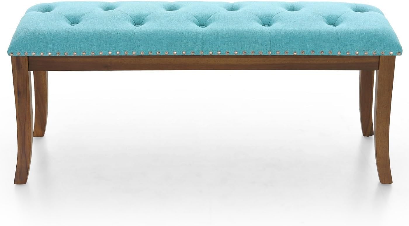 MFSTUDIO 44" Vintage Tufted Entryway Bench, Extra Large Memory Foam Upholstered Wood Ottoman Bench Dining Bench, Rectangle Tufted Fabric Bench for Living Room Hallway, Light Blue Cushion