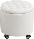 Furniliving Upholstered Button Tufted Round Ottoman with Wheels, PU Storage Ottoman Round, Removable Lid Convenient Footstools, Classic Ottoman with Storage for Vanity, Nursery Room, IvoryWhite